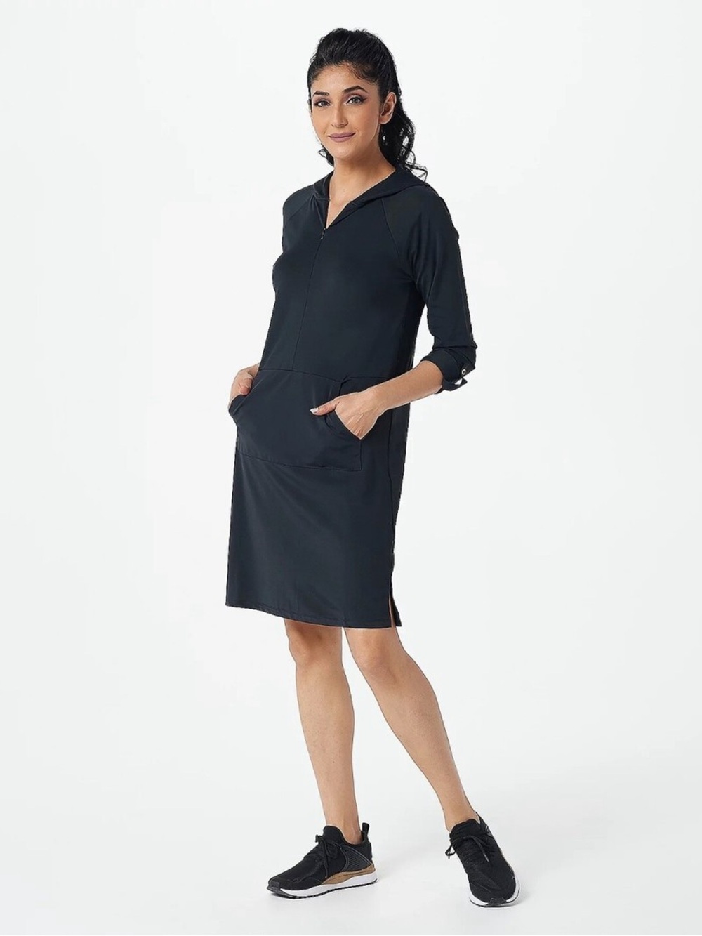 ANBERNOON II Black Hooded Women's Swim UV Cover-Up Dress with Front Pocket